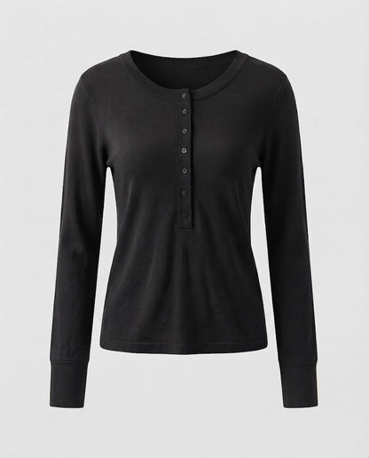 Ladies Fine Long Sleeve Henley made of fine knit with buttonable center placket and slim fit Shop Velvia