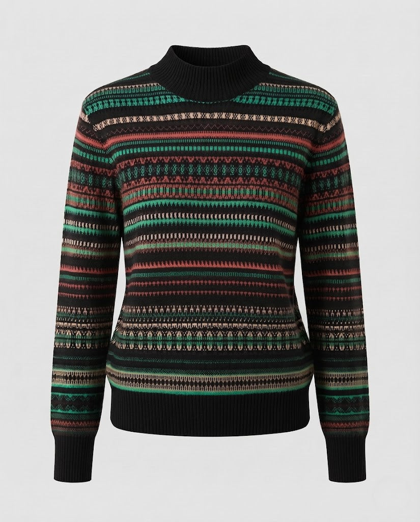 Women's jacquard fine-knit sweater with a short stand-up collar, boxy silhouette, and multistripe design Shop Velvia