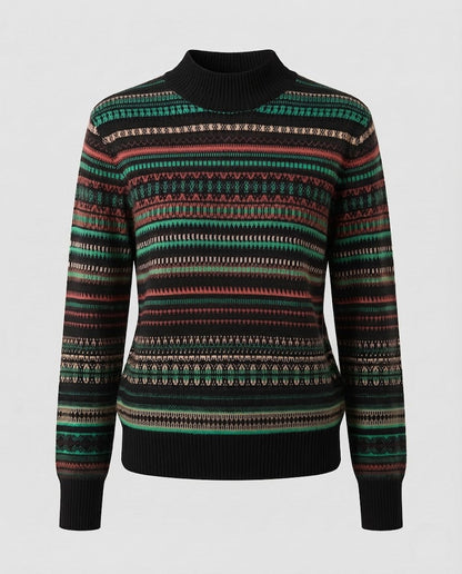 Women's jacquard fine-knit sweater with a short stand-up collar, boxy silhouette, and multistripe design Shop Velvia