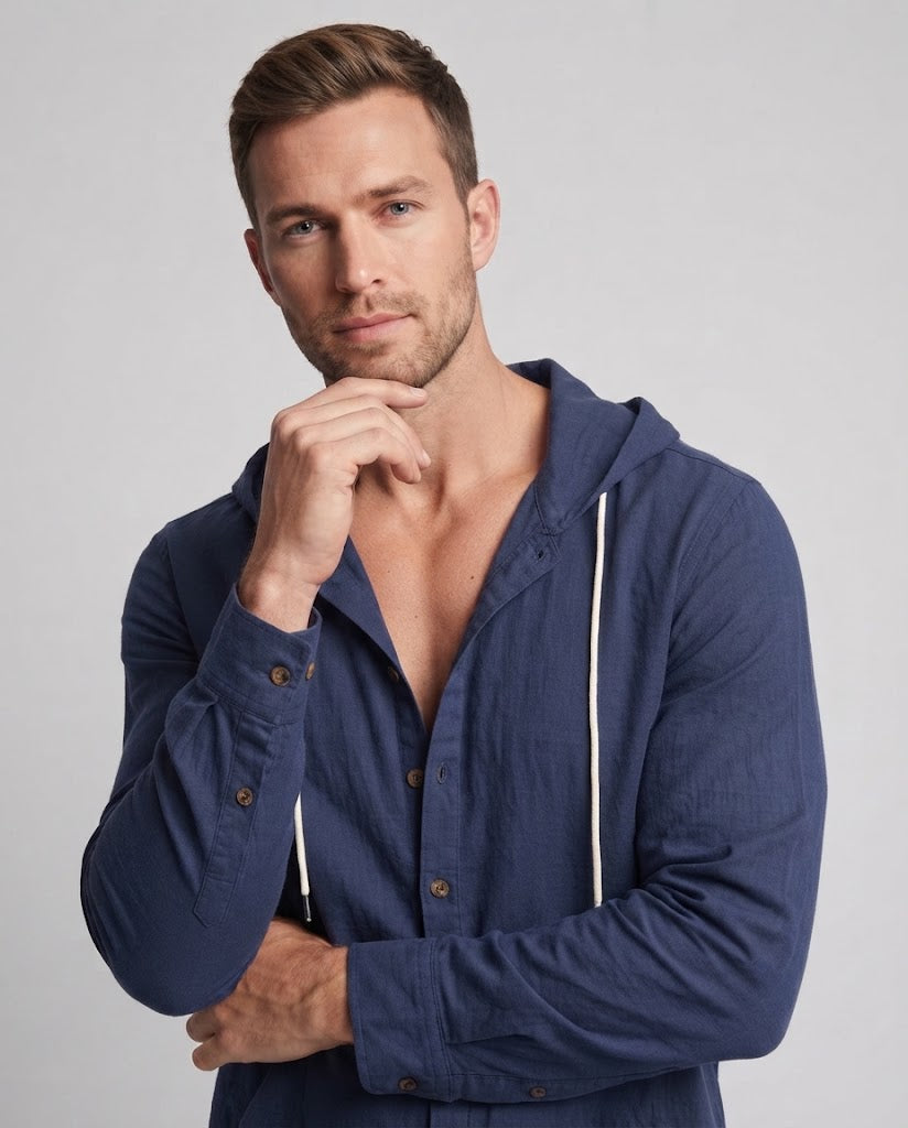 Men's Lightweight Hooded Shirt-Jacket in Linen Look with Button Placket and Kangaroo Pocket Shop Velvia