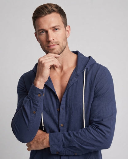 Men's Lightweight Hooded Shirt-Jacket in Linen Look with Button Placket and Kangaroo Pocket Shop Velvia