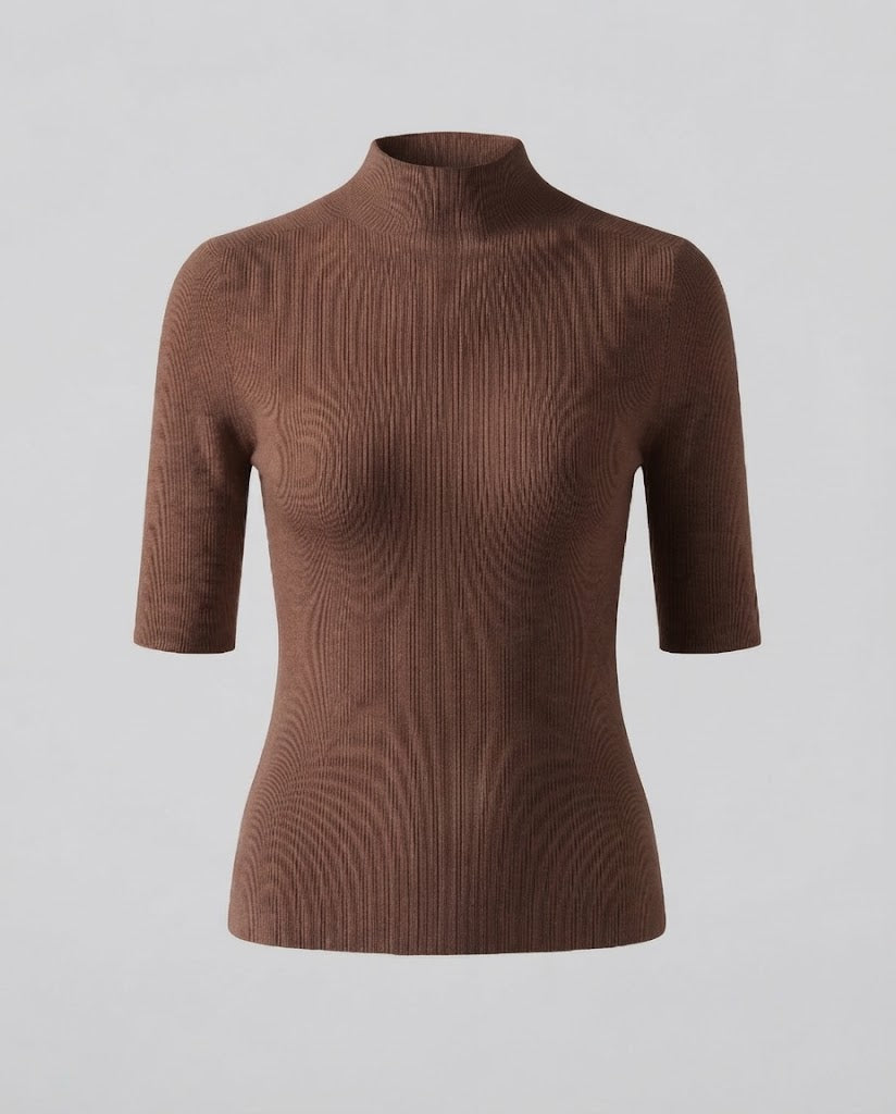 Women Half Sleeve Fine Knit Sweater with Short Stand Collar and Fitted Cut Shop Velvia