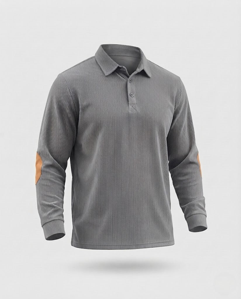 Men's corduroy polo shirt with texture, long sleeves and elbow patches Shop Velvia