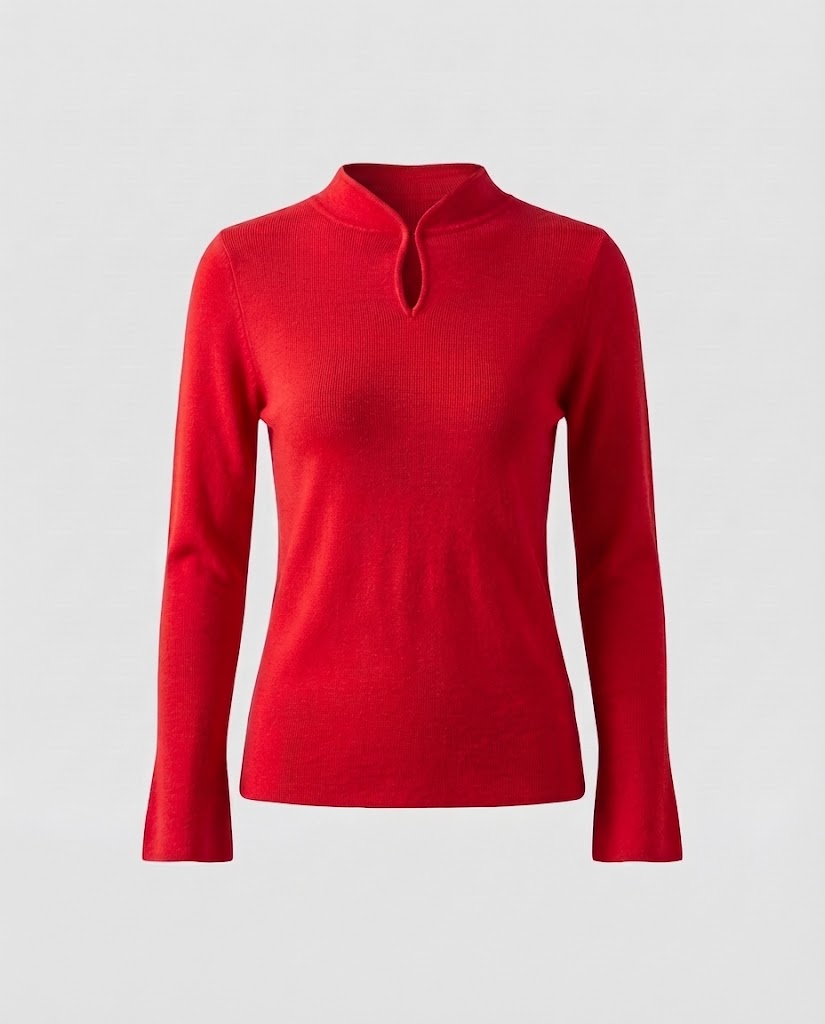 Ladies fine knit long sleeve with short stand-up collar slit button and flared sleeve hem Shop Velvia