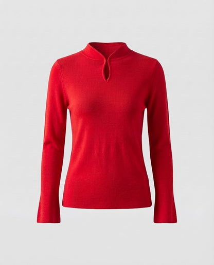Ladies fine knit long sleeve with short stand-up collar slit button and flared sleeve hem Shop Velvia