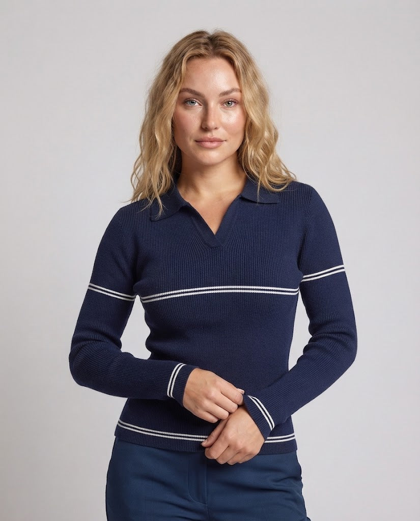 Women's fine knit polo with contrast stripes and narrow rib structure Shop Velvia