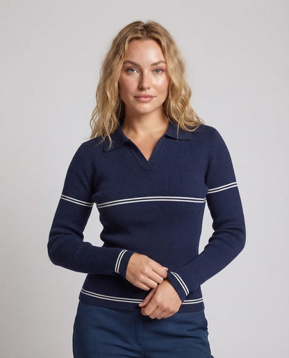 Women's fine knit polo with contrast stripes and narrow rib structure Shop Velvia