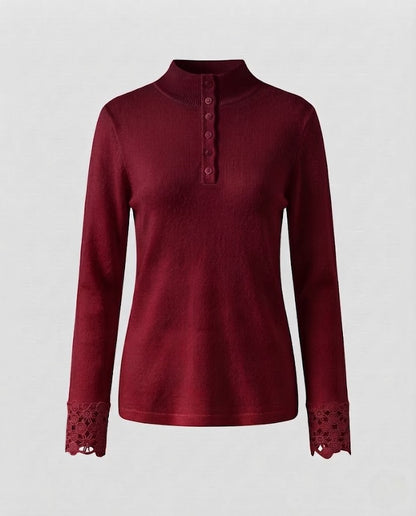 Women Fine Stand Collar Sweater with Decorative Button Placket and Lace Cuffs Shop Velvia