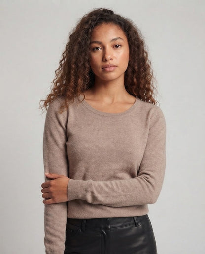Women Fine Round Neck Sweater made of Cashmere Blend with Light Stretch and Fine Ribbed Cuff Shop Velvia