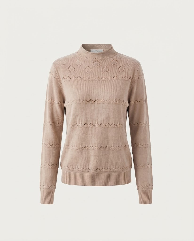 Ladies fine knit pullover with subtle lace stripe and short stand-up collar Shop Velvia