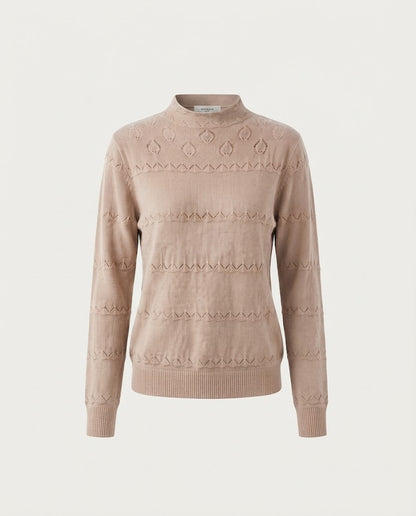 Ladies fine knit pullover with subtle lace stripe and short stand-up collar Shop Velvia