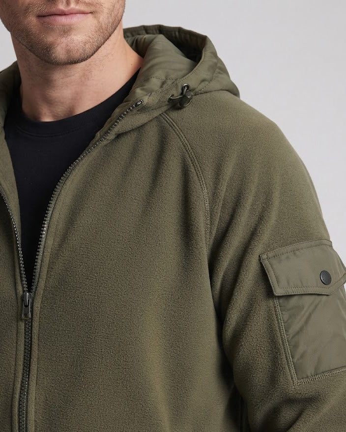 Men's Hooded Fleece Jacket with Quilted Hood and Utility Arm Pocket Shop Velvia