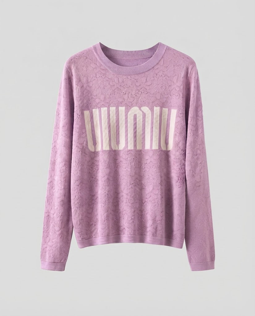 Women's fine knit pullover with round neckline, jacquard structure and logo front Shop Velvia