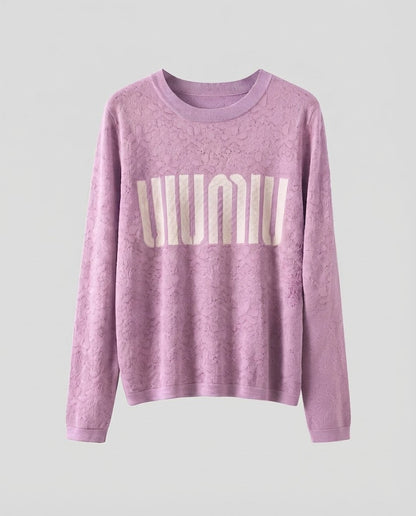 Women's fine knit pullover with round neckline, jacquard structure and logo front Shop Velvia
