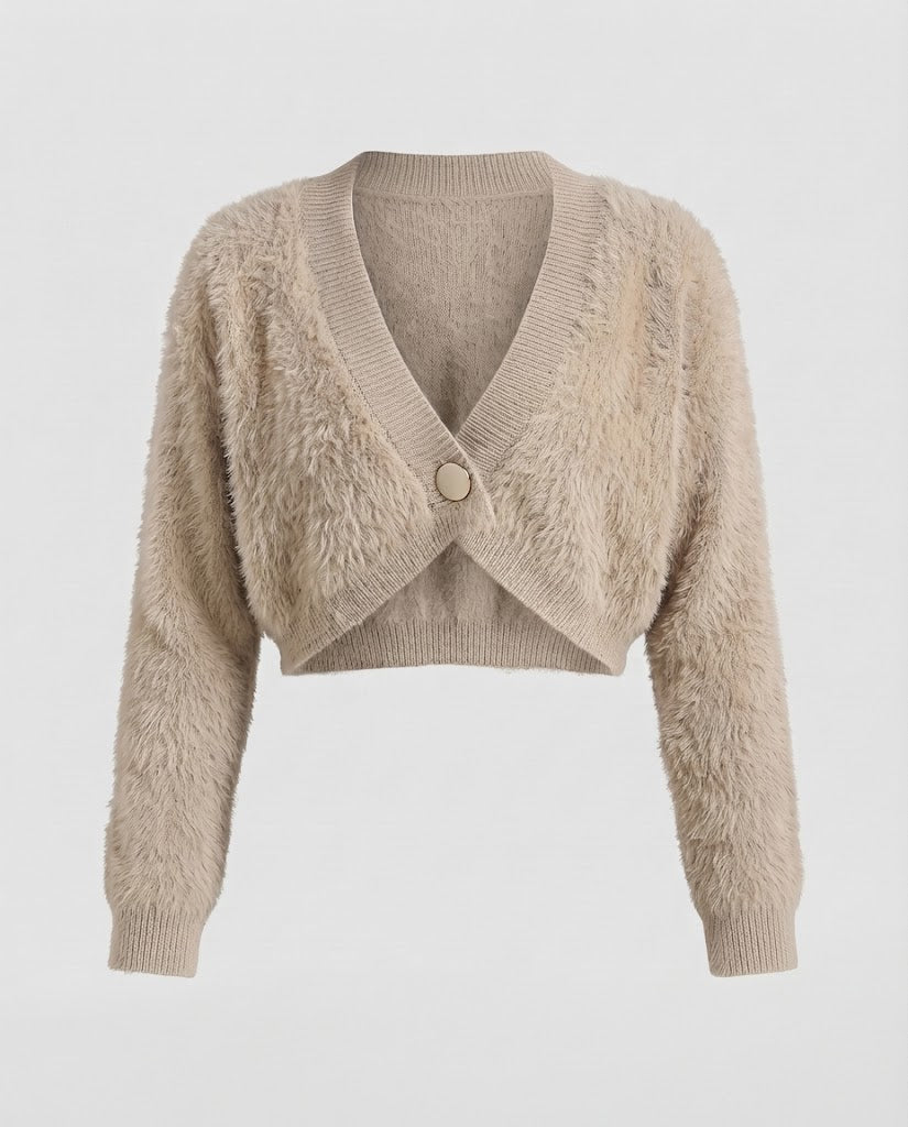 Ladies short cardigan made of fluffy faux fur knit with deep V-neck and decorative button Shop Velvia