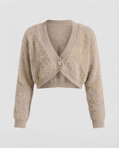 Ladies short cardigan made of fluffy faux fur knit with deep V-neck and decorative button Shop Velvia