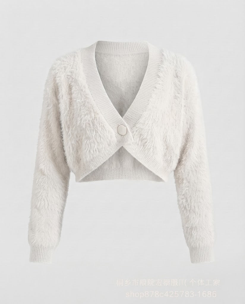 Ladies short cardigan made of fluffy faux fur knit with deep V-neck and decorative button Shop Velvia