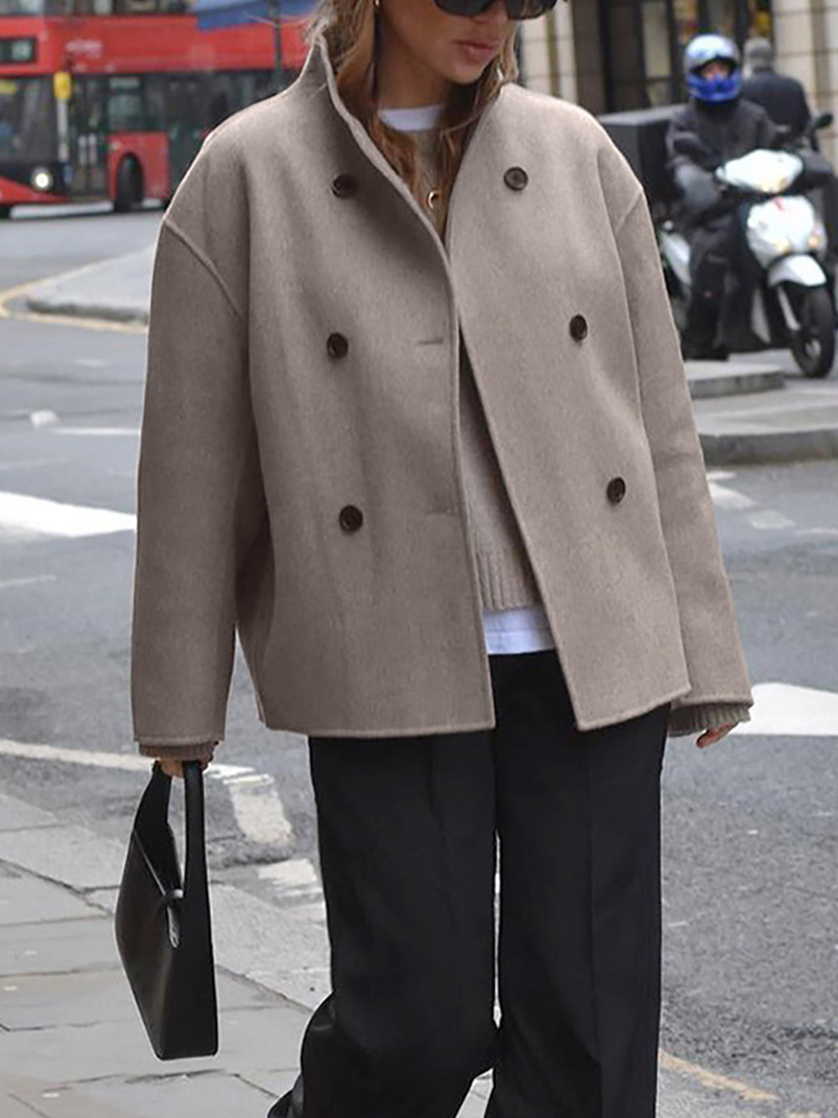 Shop Velvia | Short Wool Jacket with Double Button Line Wool Blend Modern and Warm