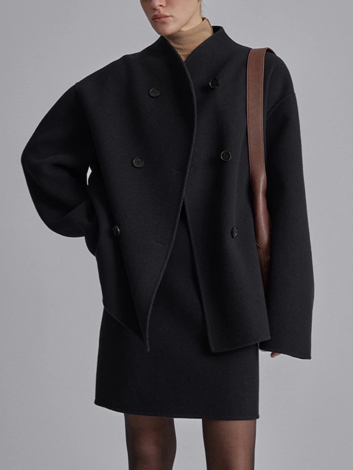 Shop Velvia | Short Wool Jacket with Double Button Line Wool Blend Modern and Warm