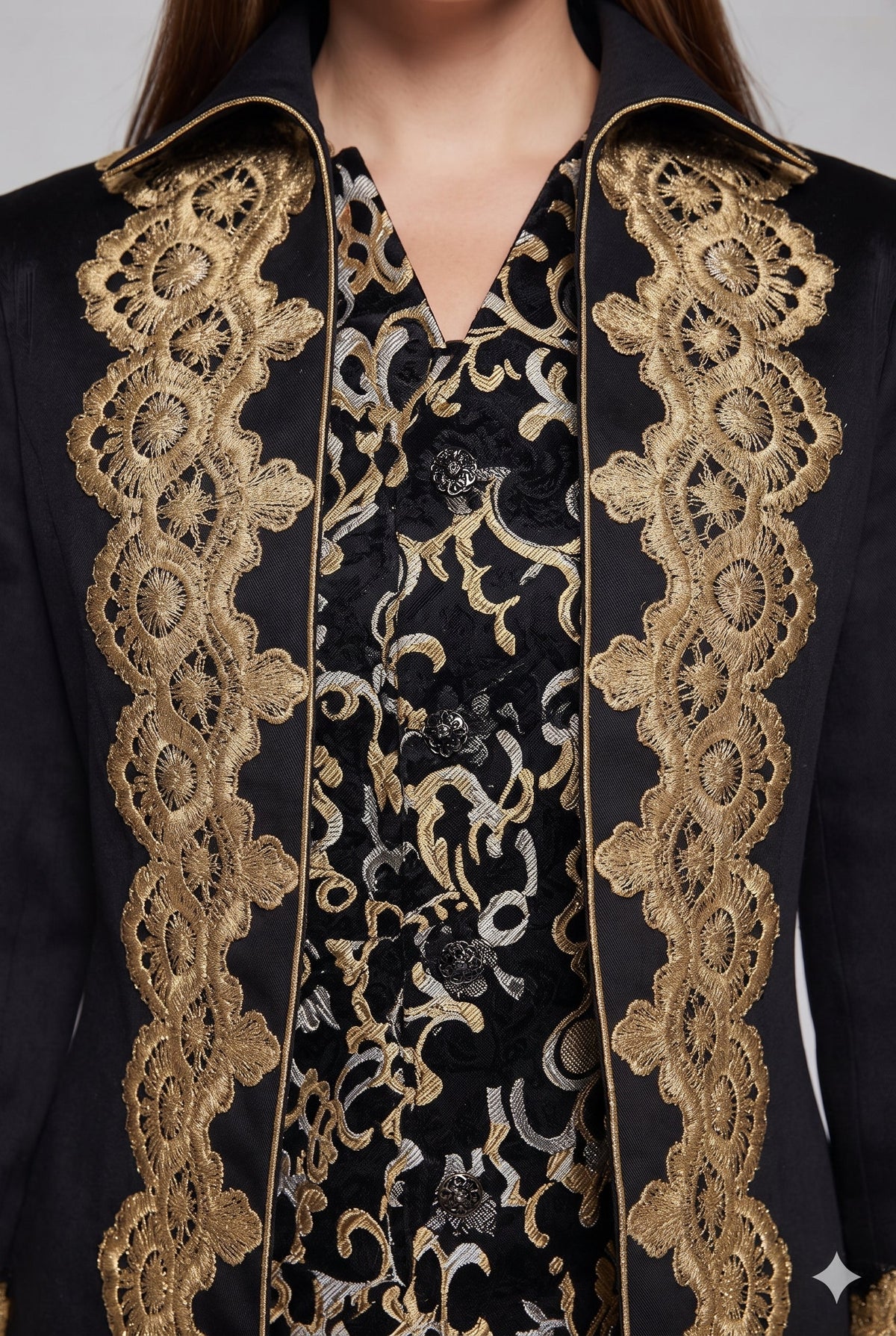Women's elegant tailcoat with fine gold embroidery and asymmetrical hem Shop Velvia
