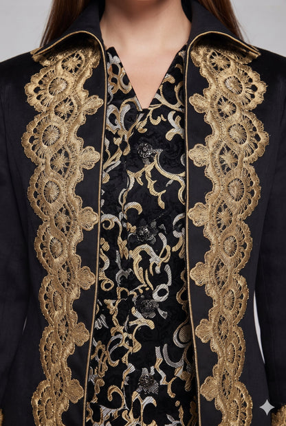 Women's elegant tailcoat with fine gold embroidery and asymmetrical hem Shop Velvia
