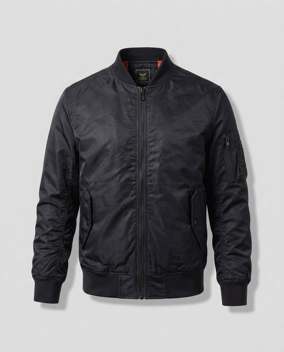 Men's Lightweight Nylon Aviator Bomber with Arm Pocket and Two-Way Zipper Shop Velvia