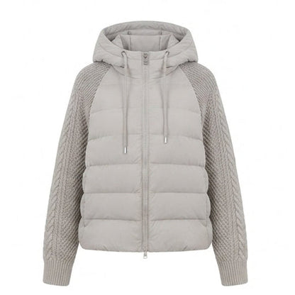 Women's short-cut quilted hybrid jacket with knit sleeves and hood