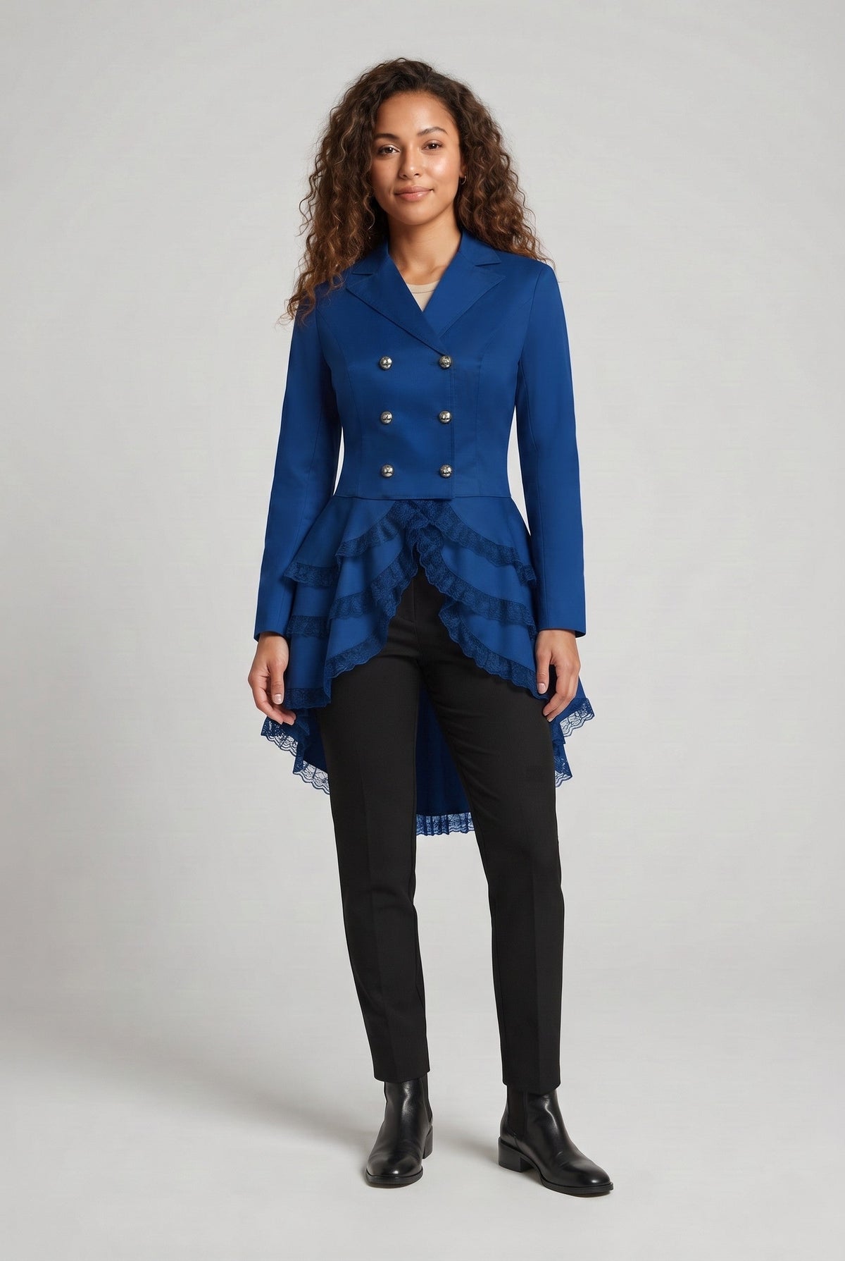 Women Elegant Ruffle Jacket with Deep V-Neck and Double Buttoned Front Shop Velvia
