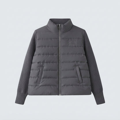 Women's short-cut hybrid quilted cardigan with quilted front, knitted sleeves and high stand-up collar