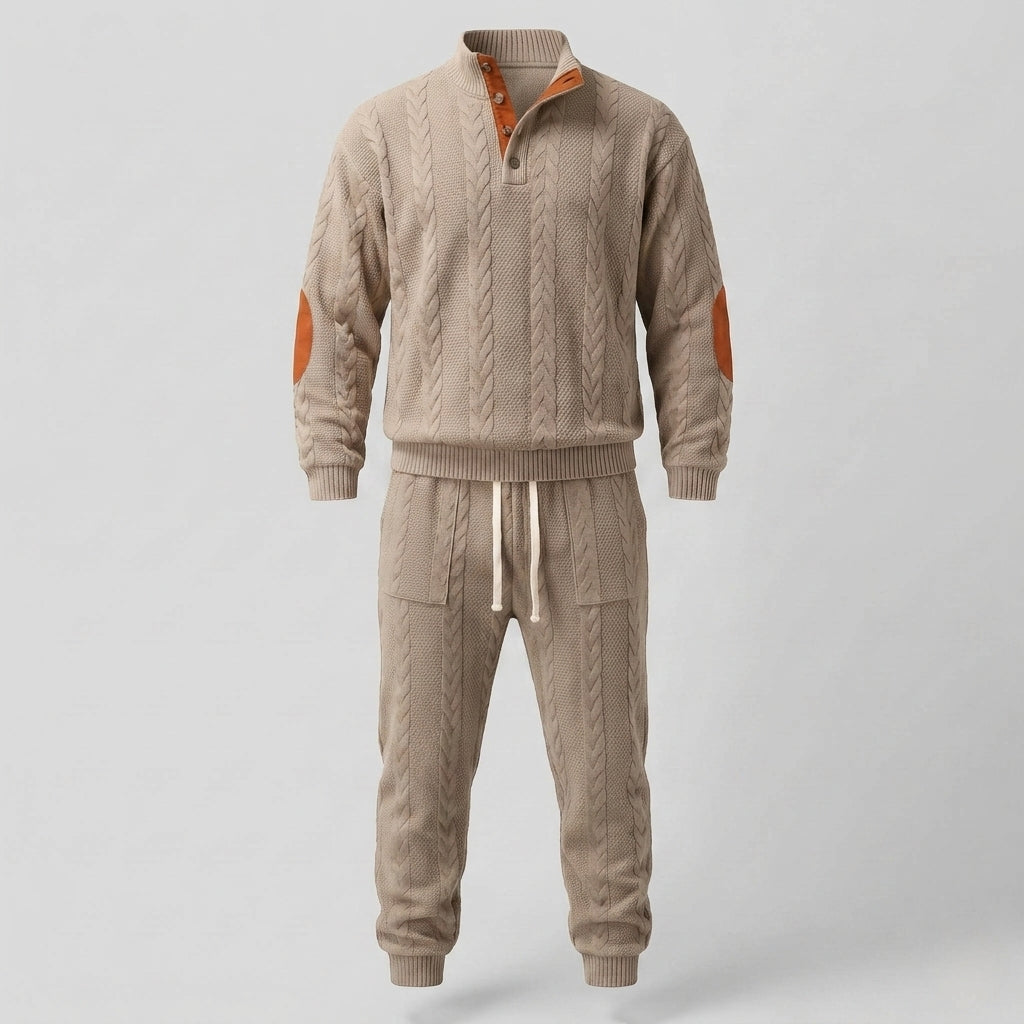 Men's Textured Cable Knit Loungewear Set with Henley Collar and Jogging Pants Shop Velvia