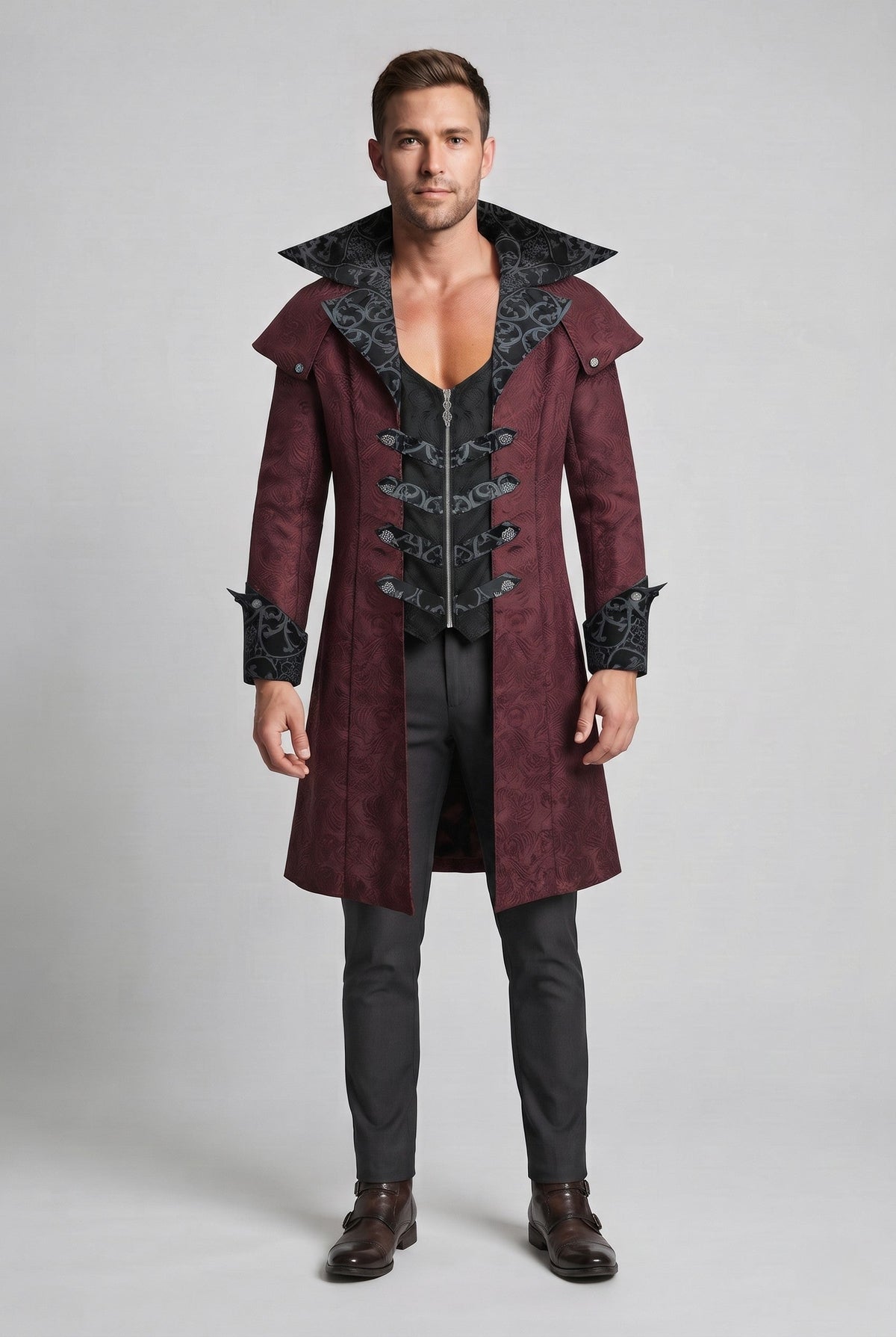Men's elegant Gothic coat with ornate embellishments and high collar Shop Velvia