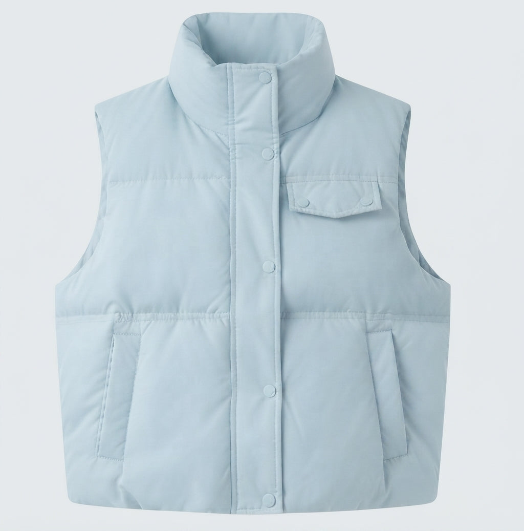 Women’s short padded quilted vest with high collar and concealed zipper placket