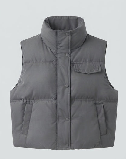 Women’s short padded quilted vest with high collar and concealed zipper placket
