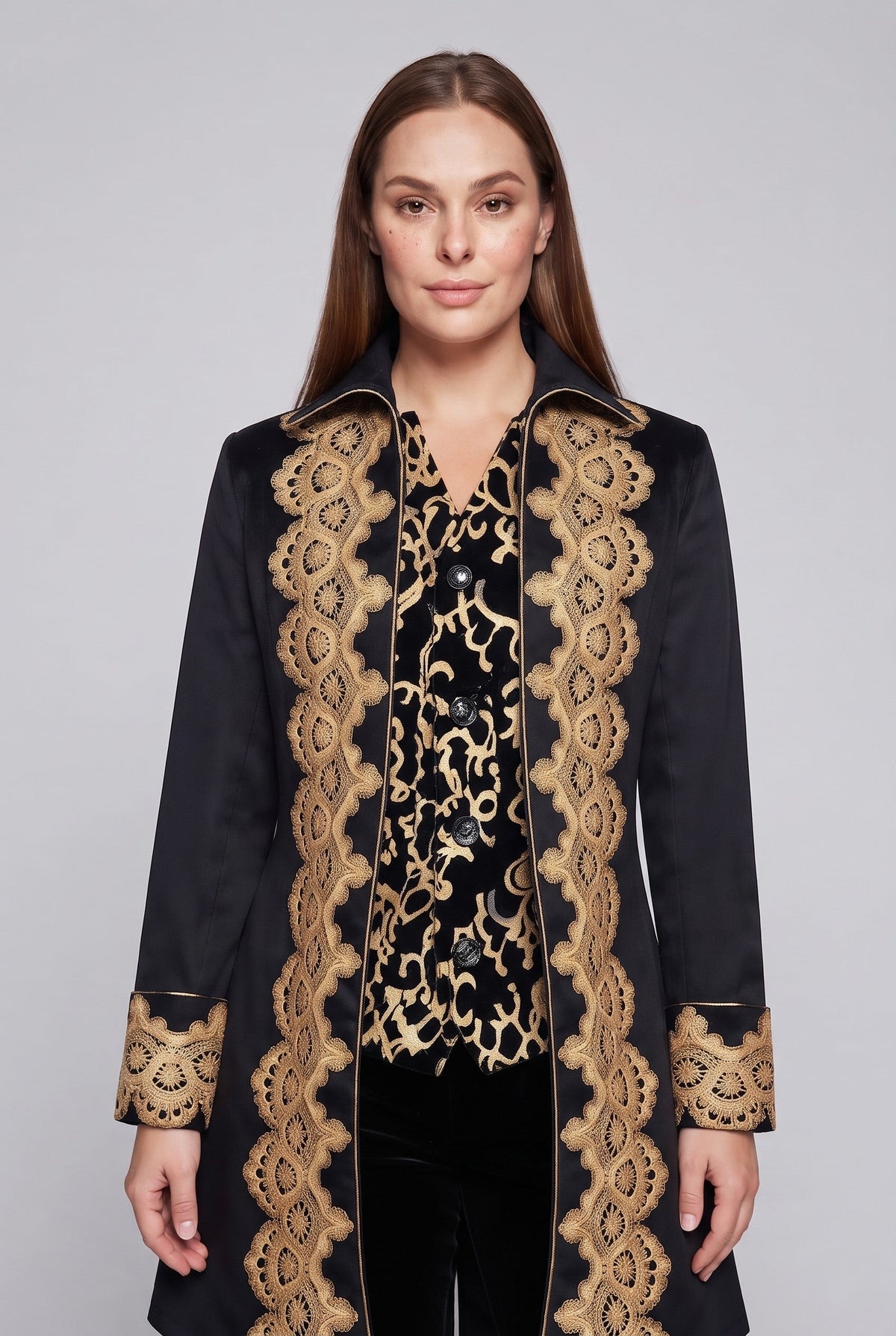 Women's elegant tailcoat with fine gold embroidery and asymmetrical hem Shop Velvia