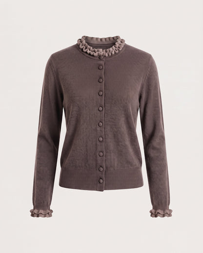 Women Short-Cut Fine Knit Cardigan with Ruffled Collar and Concealed Button Placket Shop Velvia