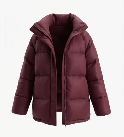 Women's short padded winter coat with high stand-up collar and concealed button placket