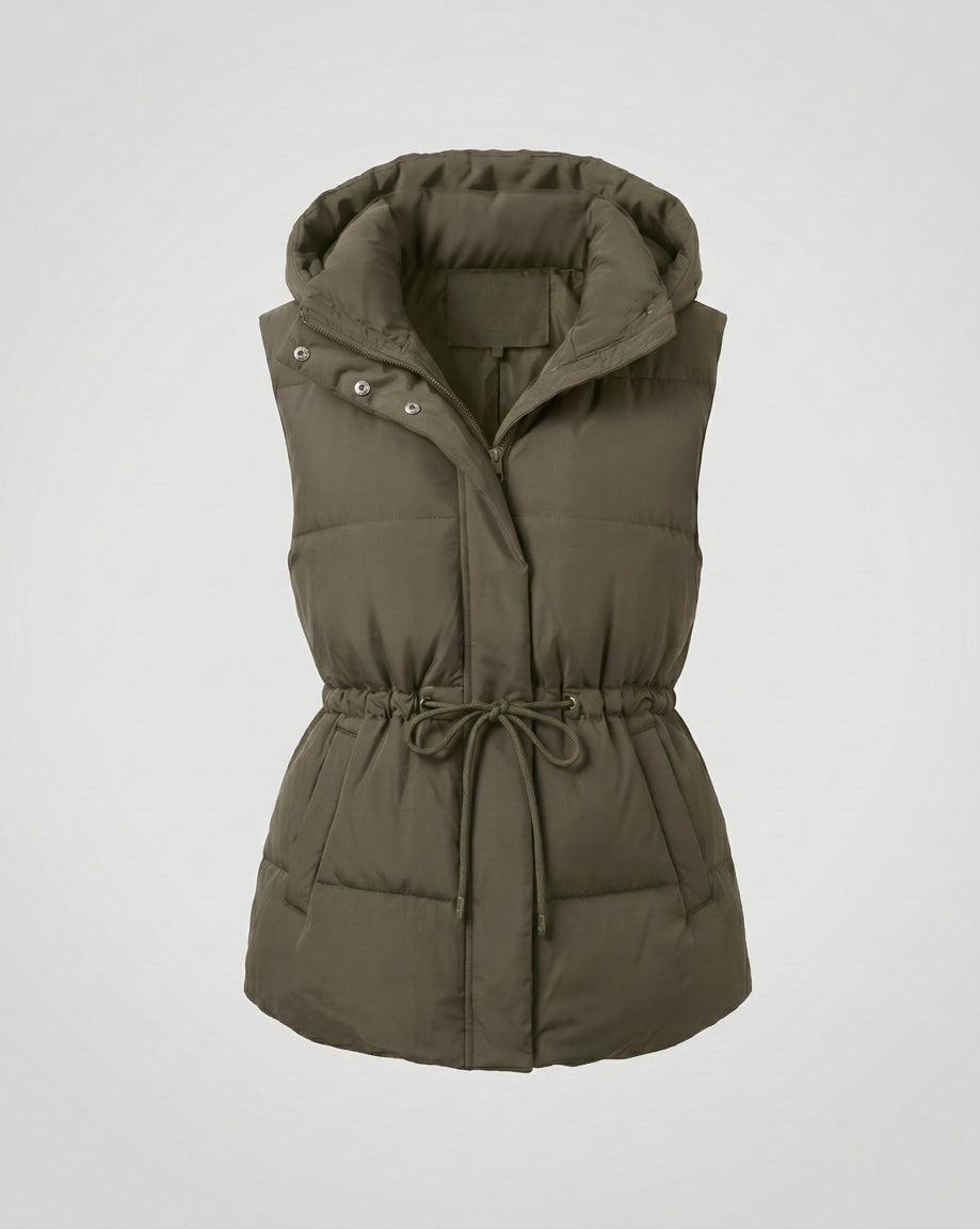 Women's quilted hooded vest with waist drawstring, padded thermal filling, and generous side pockets