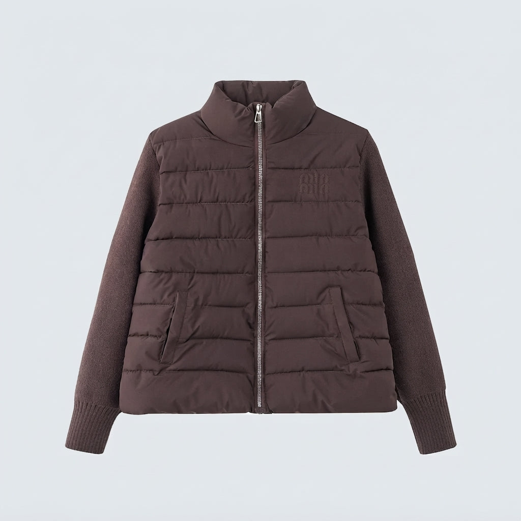Women's short-cut hybrid quilted cardigan with quilted front, knitted sleeves and high stand-up collar