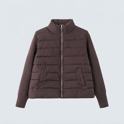Women's short-cut hybrid quilted cardigan with quilted front, knitted sleeves and high stand-up collar