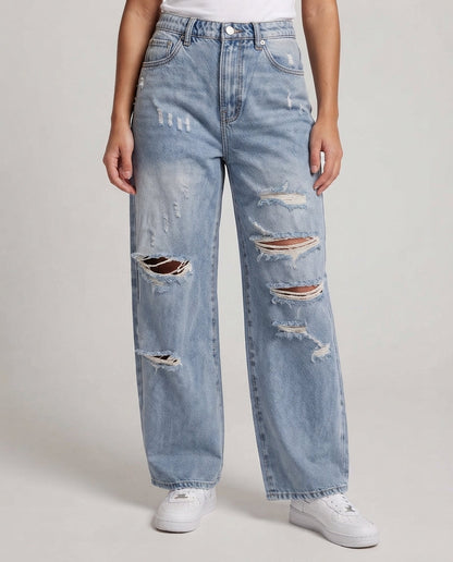 Women's Loose Destroyed Baggy Jeans with Elastic Waist Shop Velvia