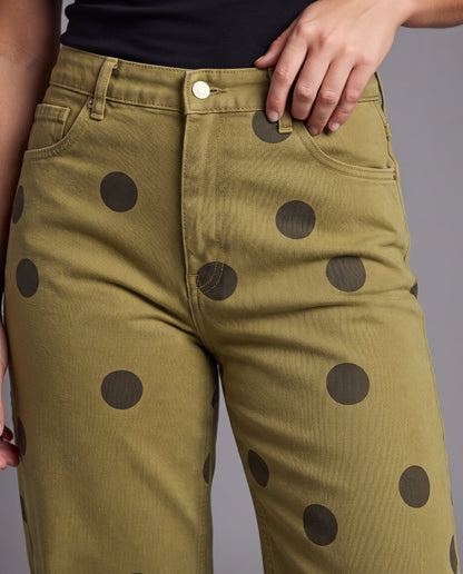 Ladies High-Waist Jeans with Wide Leg and Polka Dot Print Shop Velvia