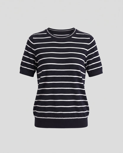 Women's Short Sleeve Fine Knit Sweater with Maritime Stripes Shop Velvia
