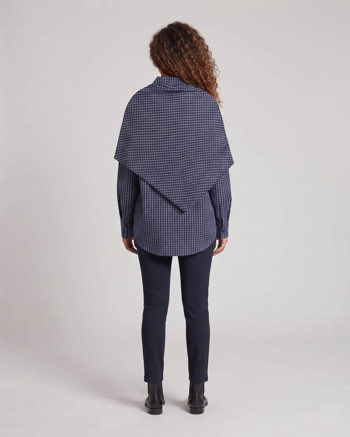 Women's Oversized Shirt Blouse with Overlapping Knot Scarf and Check Pattern Shop Velvia