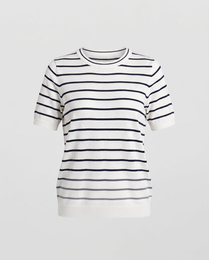 Women's Short Sleeve Fine Knit Sweater with Maritime Stripes Shop Velvia