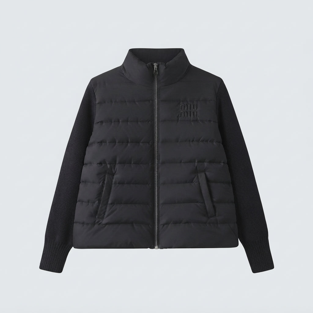 Women's short-cut hybrid quilted cardigan with quilted front, knitted sleeves and high stand-up collar