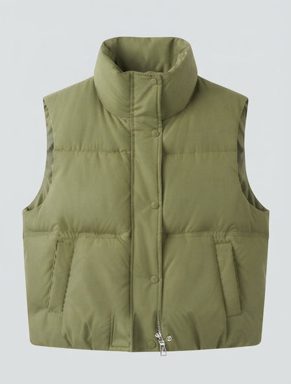 Women’s short padded quilted vest with high collar and concealed zipper placket