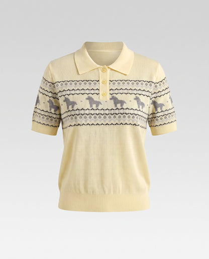 Ladies Lightweight Short Sleeve Polo Fine Knit Top with Horse Jacquard and Ribbed Hem Shop Velvia