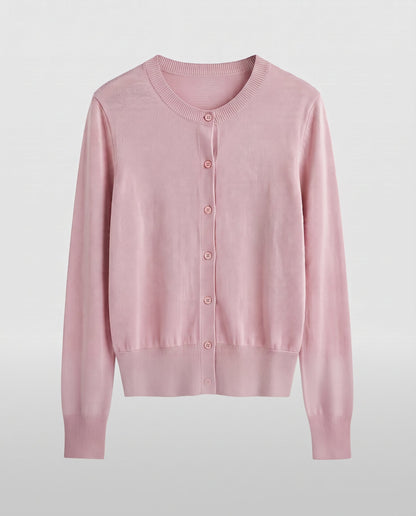 Women's lightweight fine-knit cardigan with round neckline, elastic ribbed hem, and continuous button placket Shop Velvia