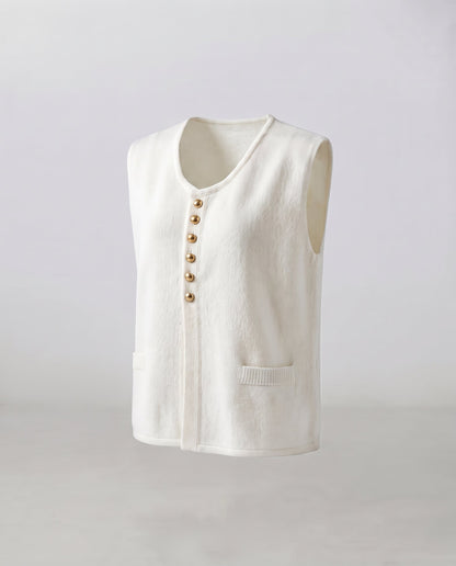 Women's Sleeveless Wool Blend Knit Vest with Decorative Button Placket and Boxy Silhouette Shop Velvia