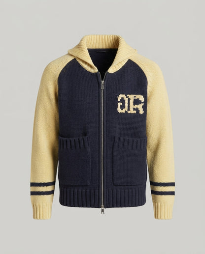 Women's chunky knit hooded cardigan with zipper, patch pockets and contrast sleeves Shop Velvia